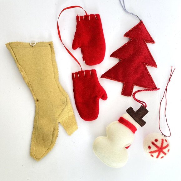 Felt Snowman Christmas Tree Mittens Boot Ball Ornaments Set Of 5 - Picture 2 of 14
